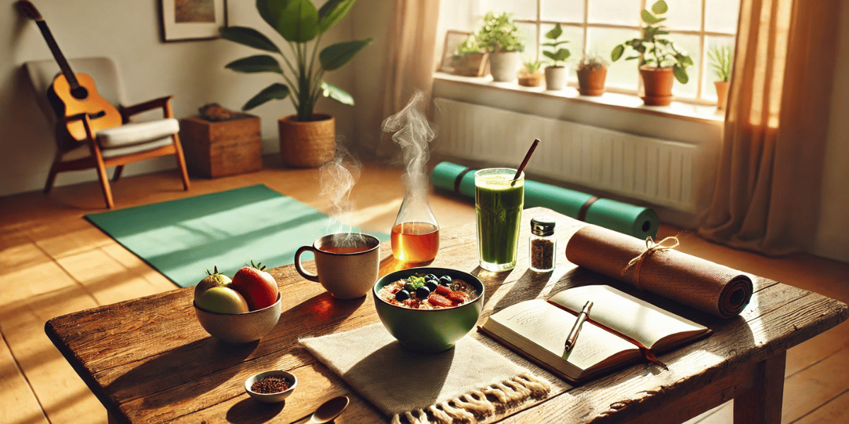 Tisch mit veganem Frühstück in einem hell erleuchteten Raum.