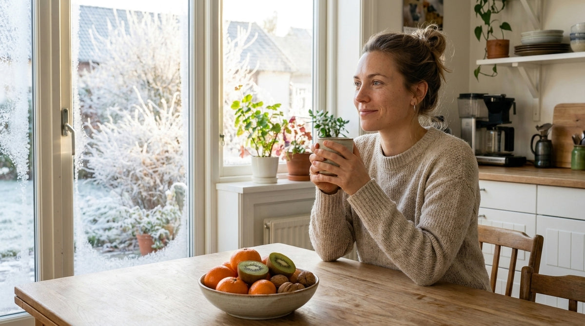 Frau mit Teetasse am Holztisch an einem frostigen Wintermorgen, davor eine Schale mit Mandarinen, Kiwis und Walnüssen