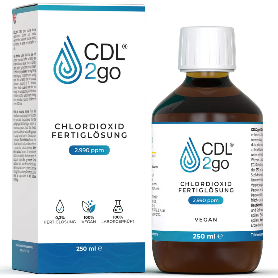 CDL2go Chlordioxid-Fertiglösung 250 ml, Flasche und Faltschachtel