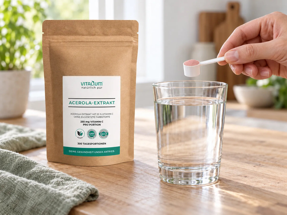Zak acerola-extract, daarnaast een maatschepje met poeder boven een glas water