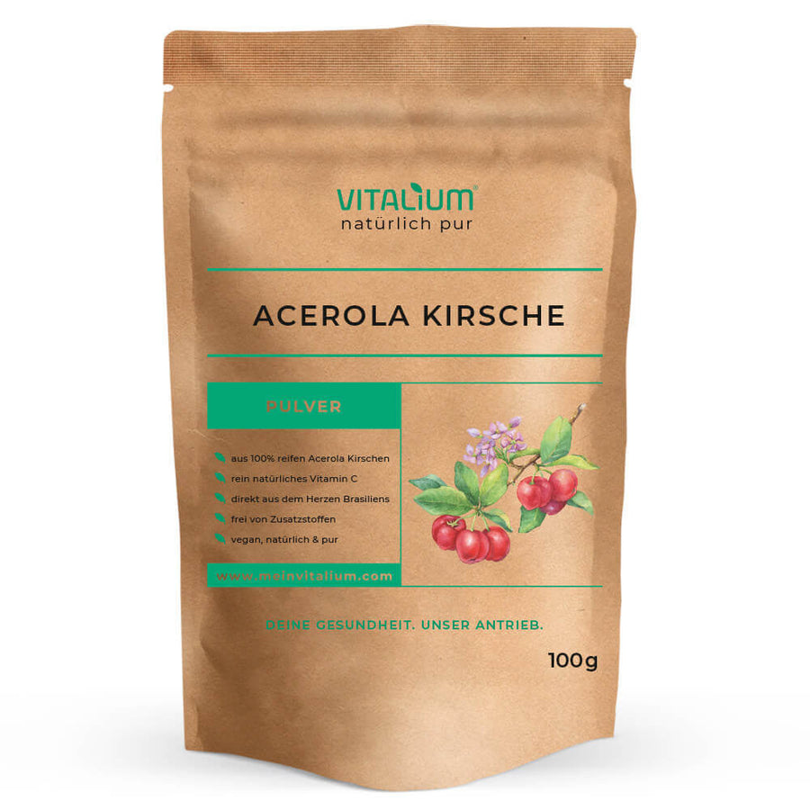 Acerola Pulver 100 g von meinVitalium, Vorderseite des Beutels