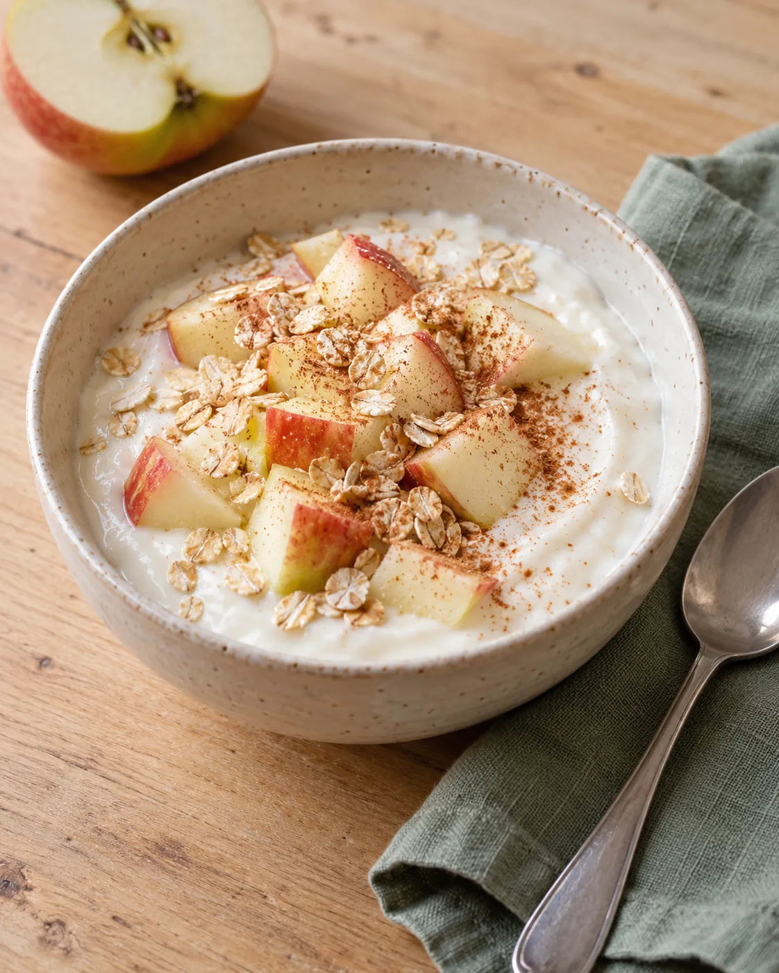 Schale Joghurt mit Apfelwürfeln, Haferflocken und Zimt, daneben ein Löffel und ein halber Apfel