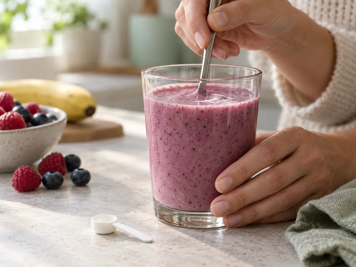 BCAA-poeder wordt met een lepel door een bessensmoothie geroerd, daarnaast een maatschepje
