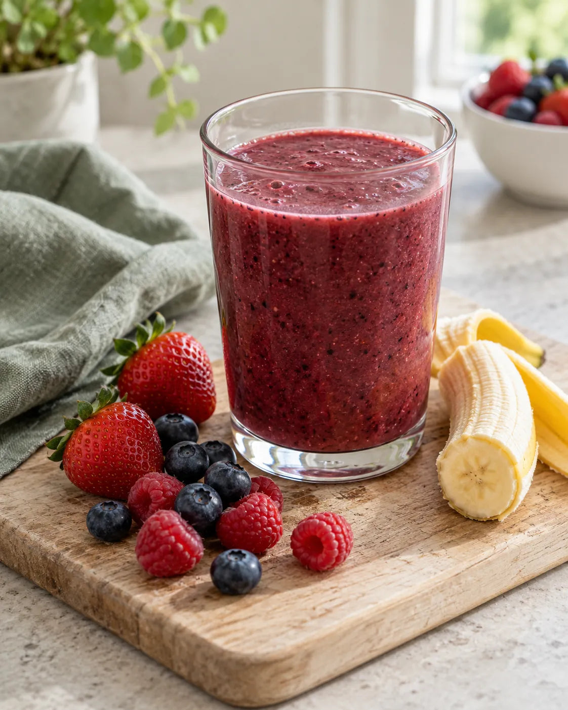 Glas Beeren-Smoothie, daneben Erdbeeren, Heidelbeeren, Himbeeren und eine Banane