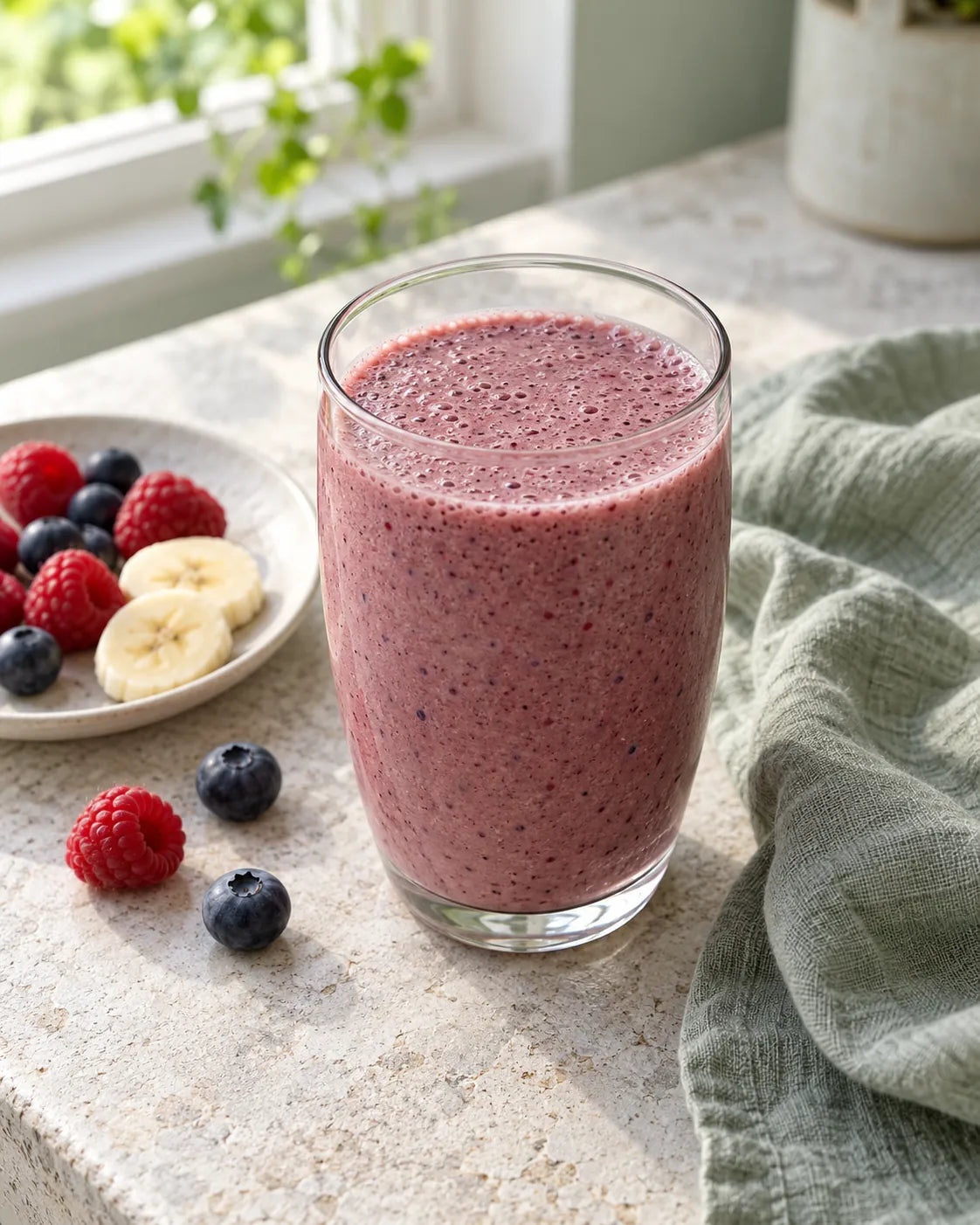 Glas bessensmoothie, daarnaast frambozen, blauwe bessen en plakjes banaan