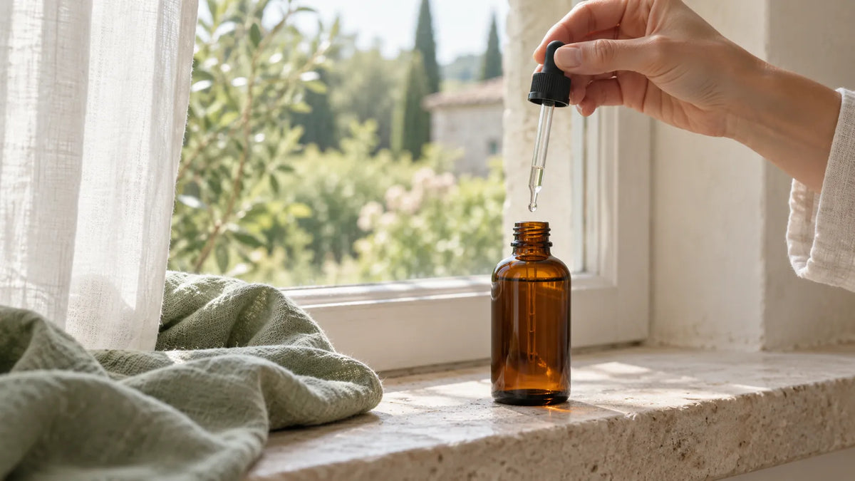 Braune Glasflasche mit Pipette auf einem sonnigen Fensterbrett