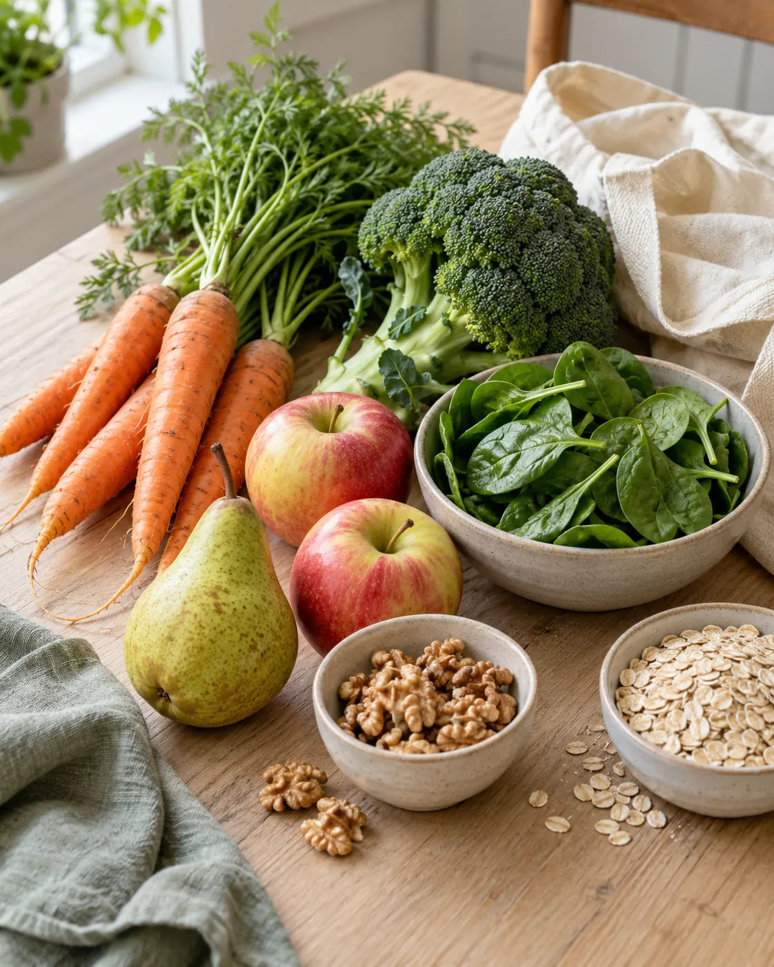 Karotten, Brokkoli, Spinat, Äpfel, Birne, Walnüsse und Haferflocken auf einem Holztisch