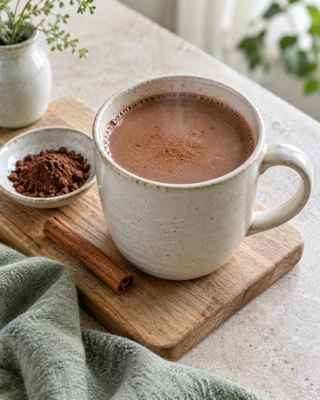 Tasse heißer Kakao mit Haferdrink, daneben eine Zimtstange und Kakaopulver