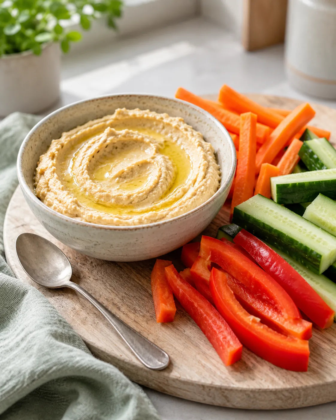 Schale Hummus mit Olivenöl, daneben Gemüsesticks aus Karotte, Gurke und Paprika