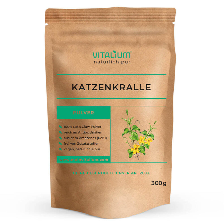 Katzenkralle Pulver von meinVitalium, Vorderseite des Beutels
