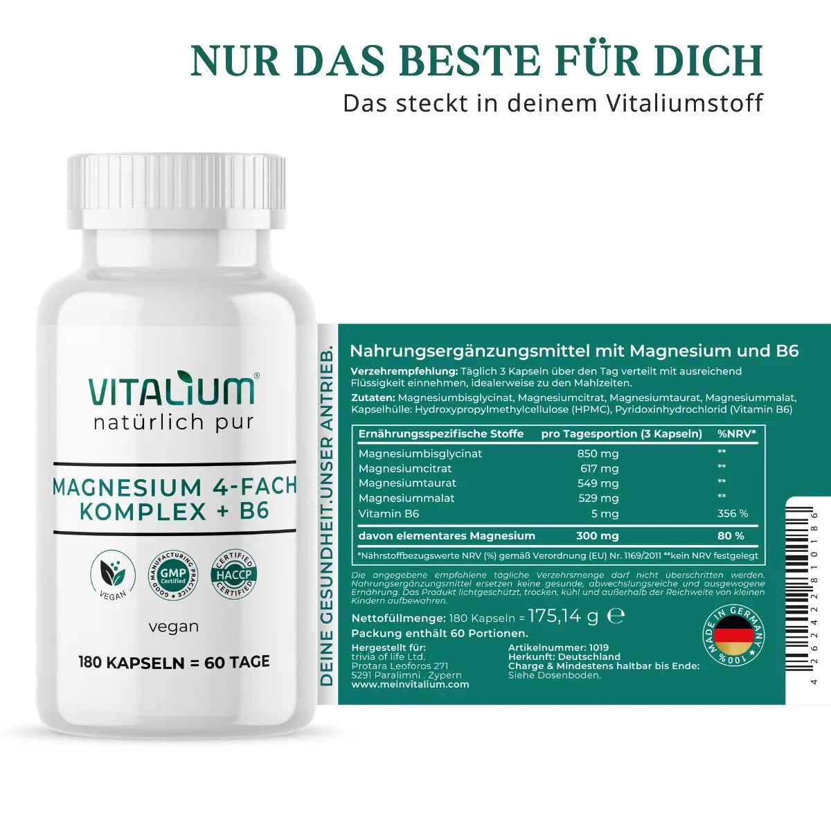 Magnesium 4-fach Komplex mit Vitamin B6 von meinVitalium, 180 vegane Kapseln