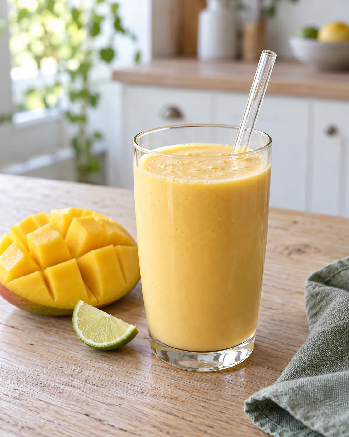 Glas mangolassi met een rietje, daarnaast een halve mango en een partje limoen