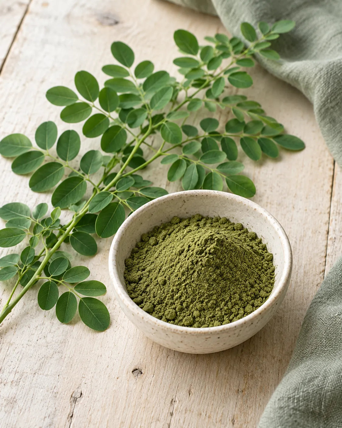 Zweig mit frischen Moringa-Blättern, daneben eine kleine Schale mit grünem Blattpulver