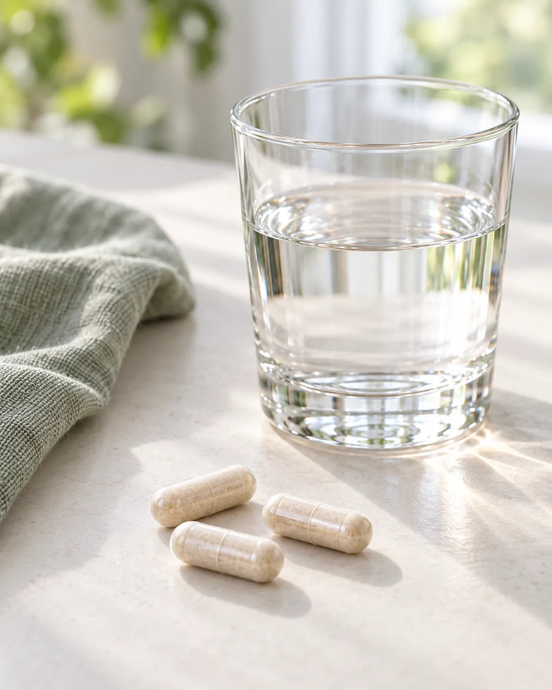 Drei Kapseln des Multivitamin Komplexes neben einem Glas Wasser