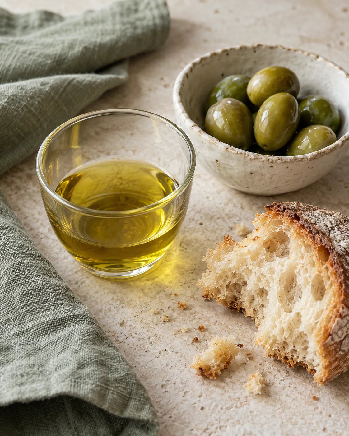 Kleines Glas mit grüngoldenem Olivenöl, daneben grüne Oliven und ein Stück Brot