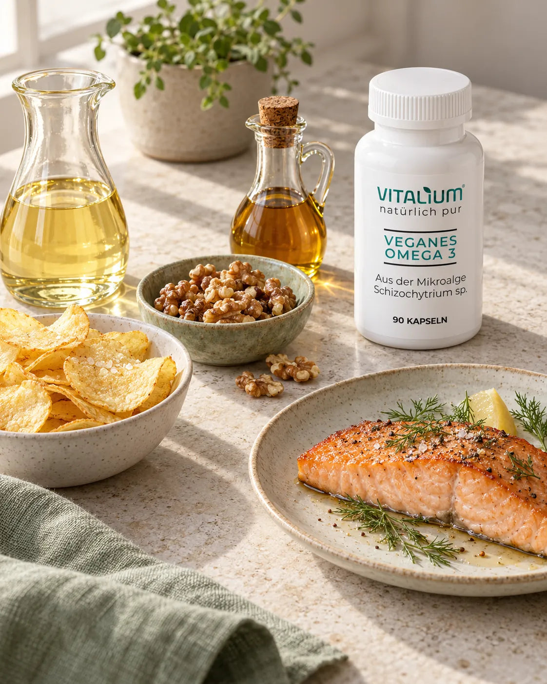 Omega-3 Dose neben Walnüssen, Ölen, Kartoffelchips und einem Lachsfilet auf einem hellen Tisch