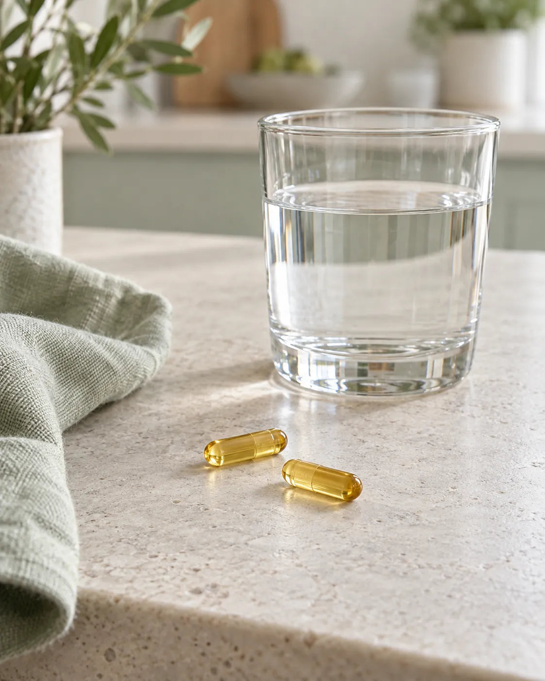 Zwei goldgelbe Omega-3 Kapseln neben einem Glas Wasser