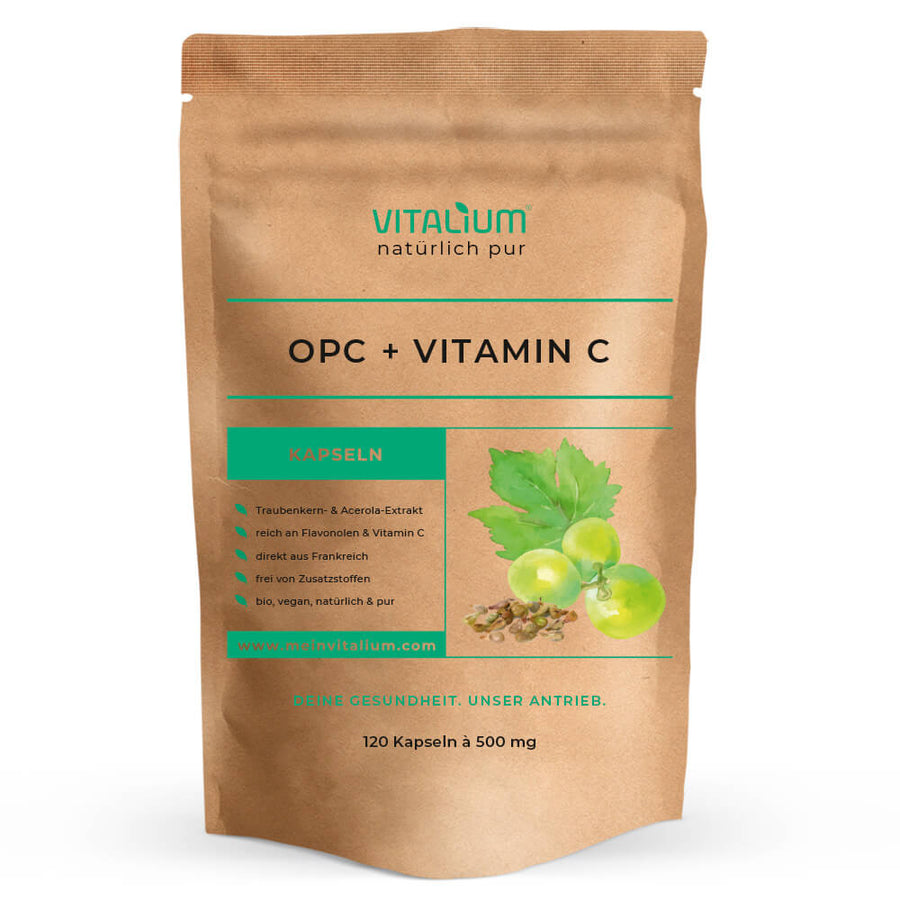 OPC + Vitamin C Kapseln von meinVitalium, Vorderseite des Beutels