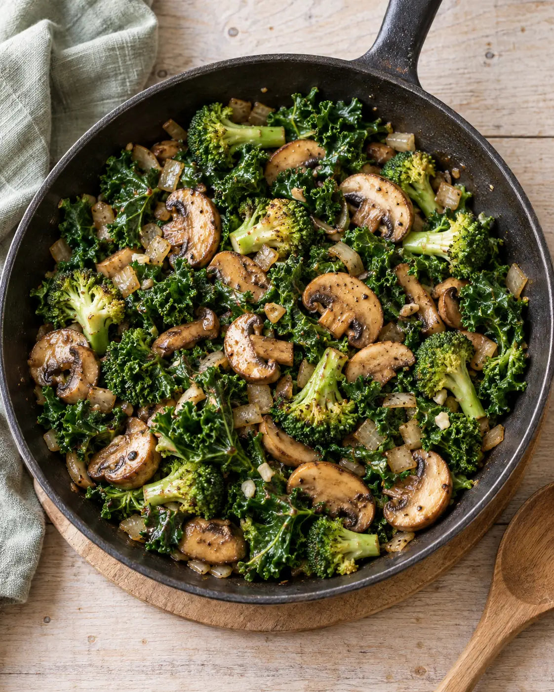 Pfanne mit gebratenen Champignons, Grünkohl und Brokkoli