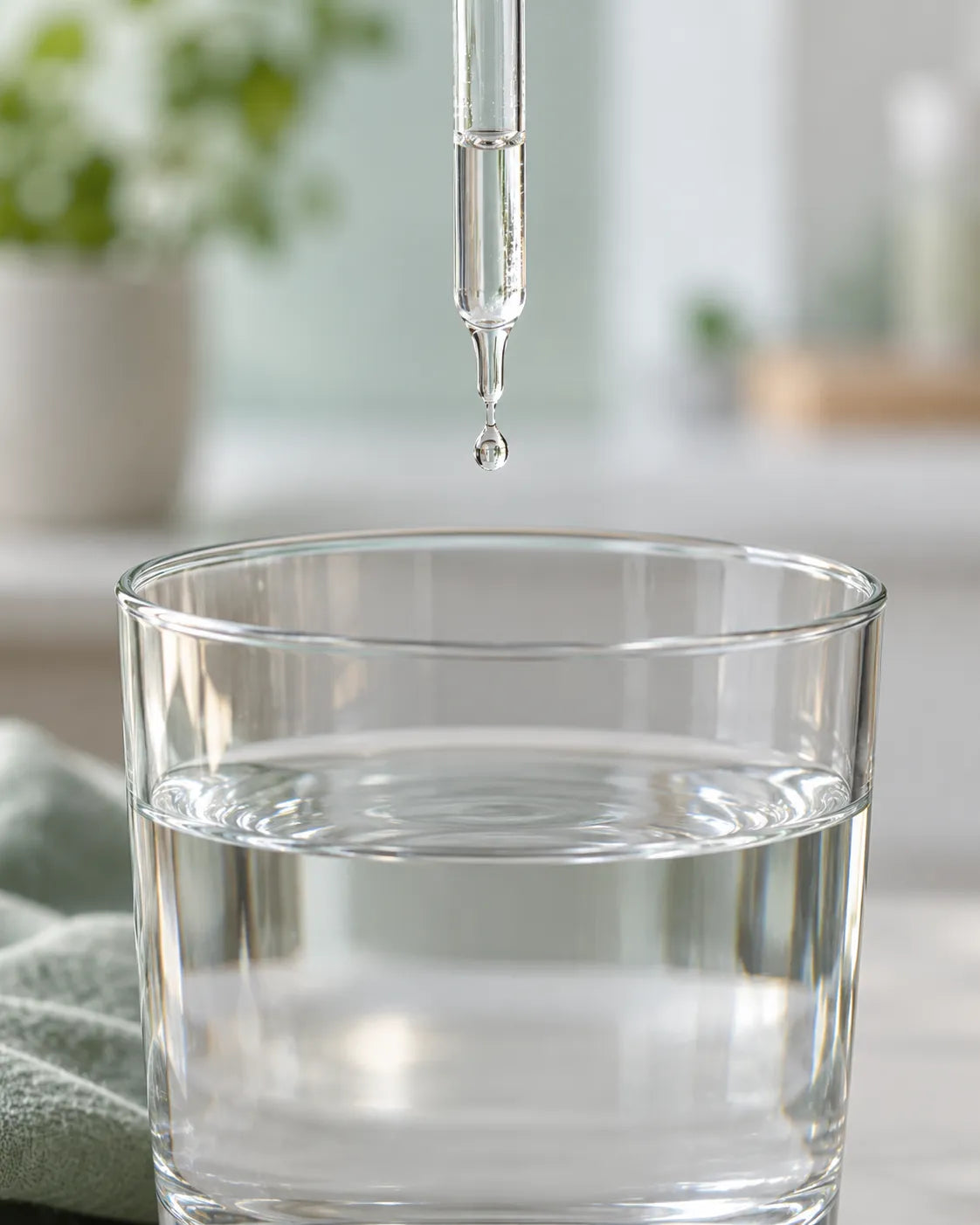 Ein einzelner Tropfen fällt aus einer Pipette in ein Glas Wasser
