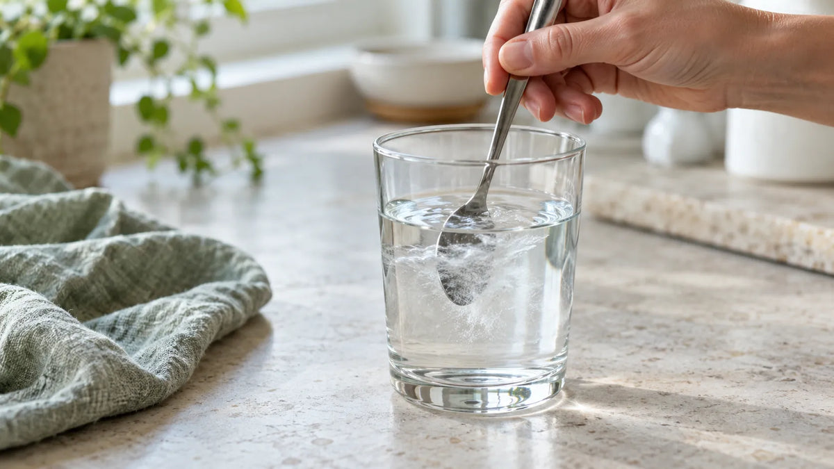 Ein Löffel weißes Pulver wird in ein Glas Wasser eingerührt