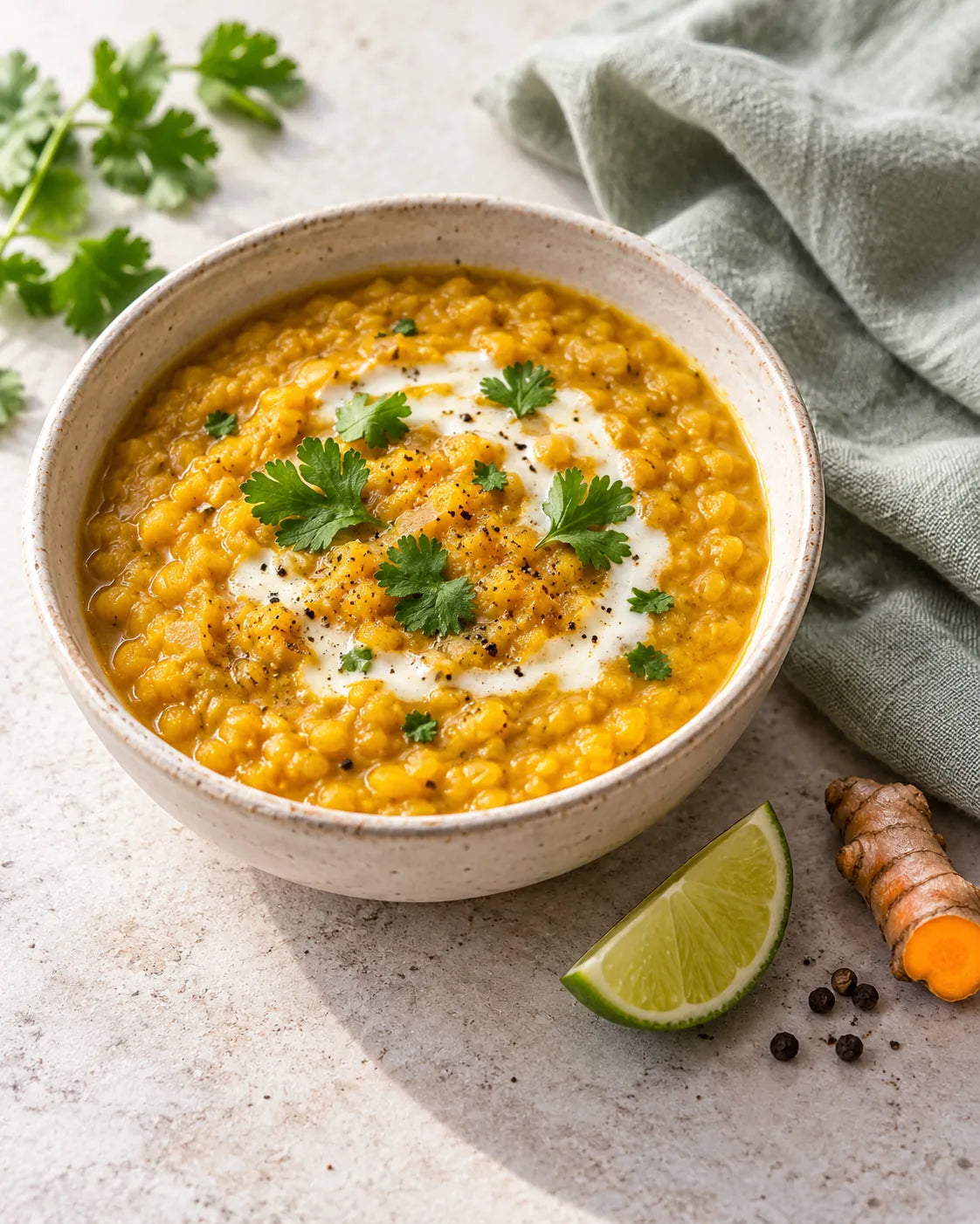 Schale Linsen-Dal mit Kokosmilch und Koriander, daneben Limettenspalte, Kurkumawurzel und Pfefferkörner