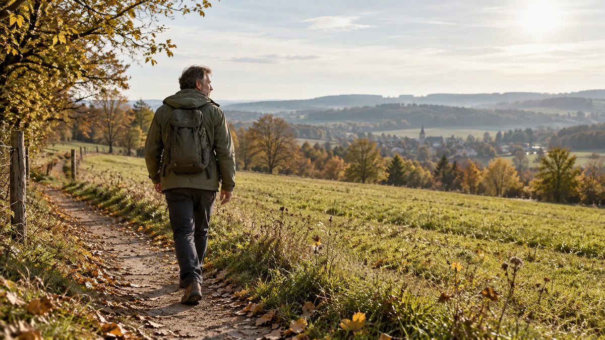 Spaziergang auf einem Feldweg in der Herbstsonne