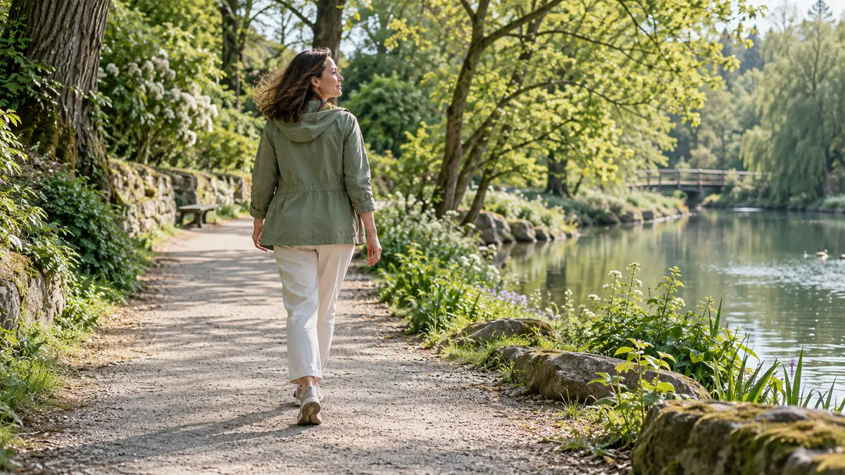 Frau bei einem Spaziergang am Seeufer im Grünen