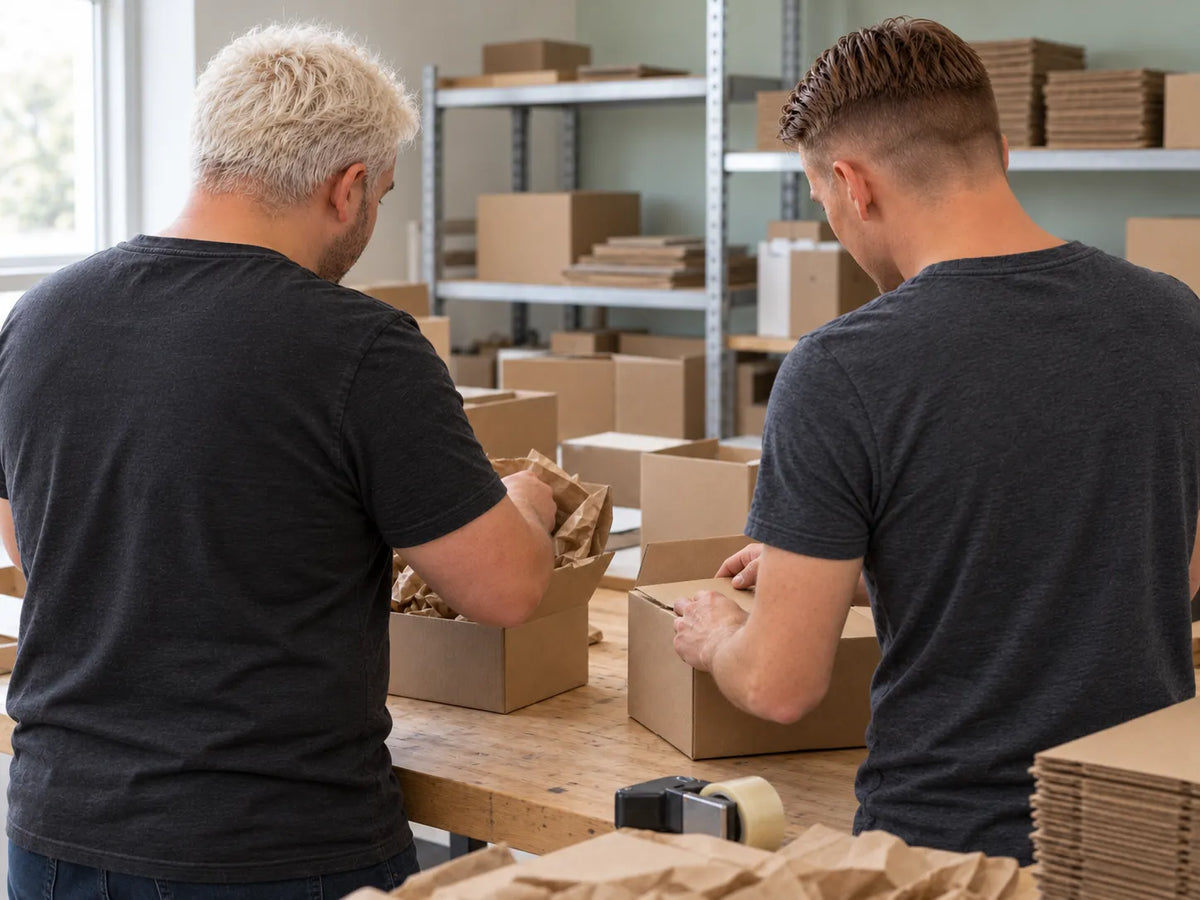 Das meinVitalium-Team verpackt Bestellungen an einem Arbeitstisch