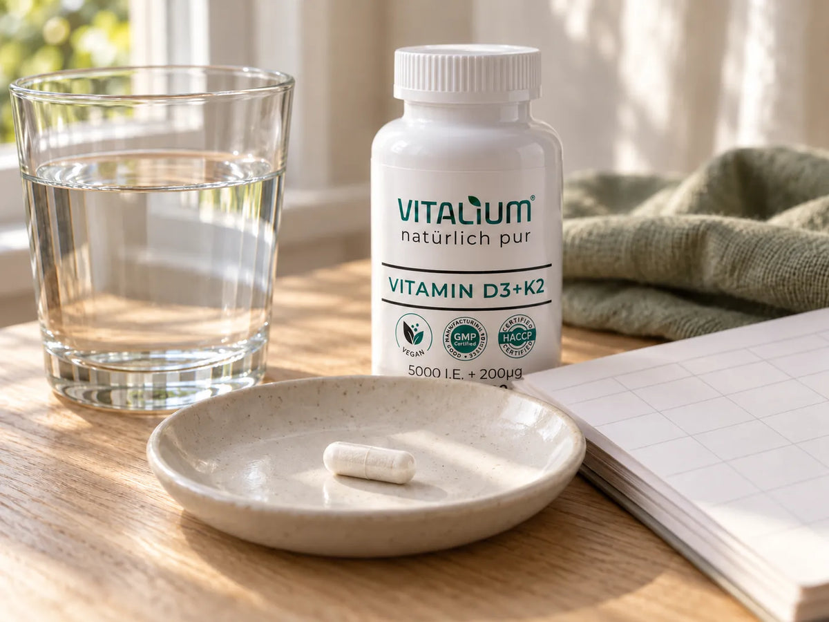 Vitamin D3 + K2 Dose mit einer Kapsel auf einem Teller neben einem Kalender und einem Glas Wasser