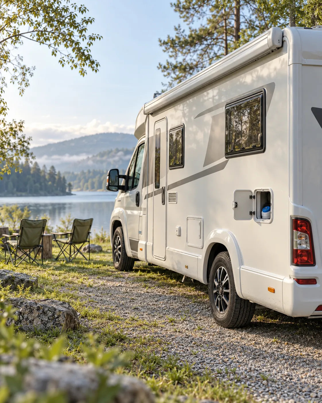 Camper op een staanplaats aan een meer met geopend serviceluik